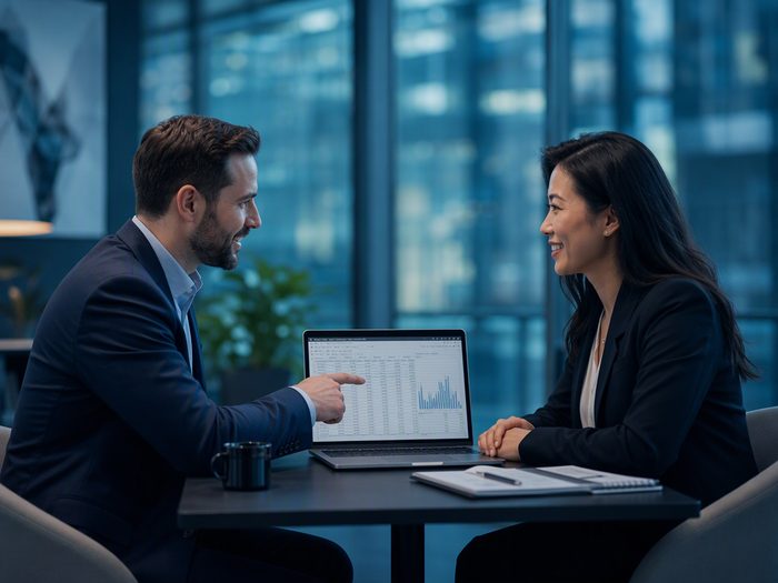 Procurement specialists comparing a quote spreadsheet during a supplier negotiation